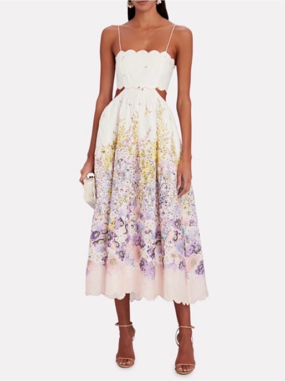 Zimmermann Jude Scallop Cutout Floral Midi Dress - White & Lavender Size 2